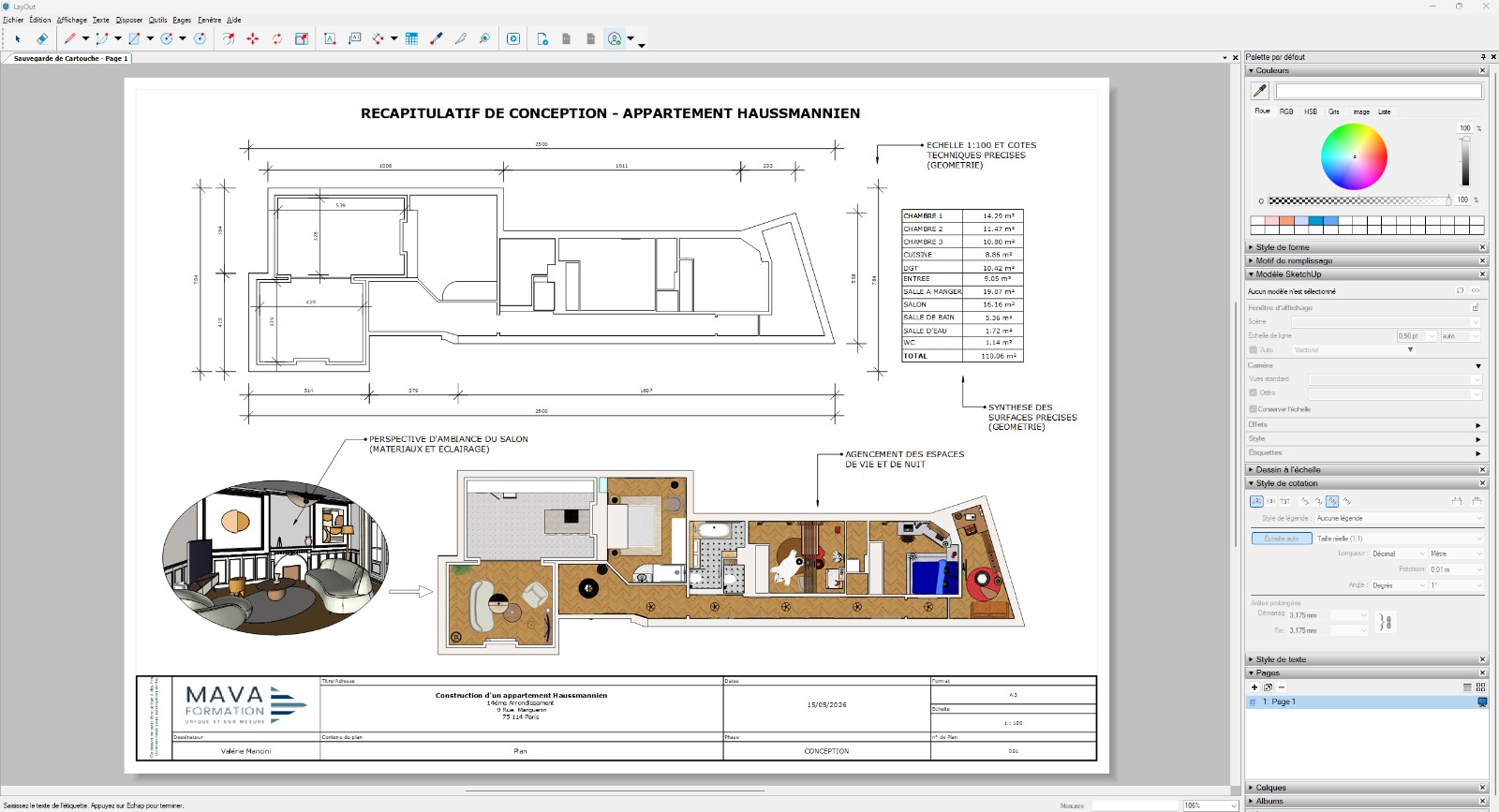Planche LayOut d'un appartement : plan coté et perspective