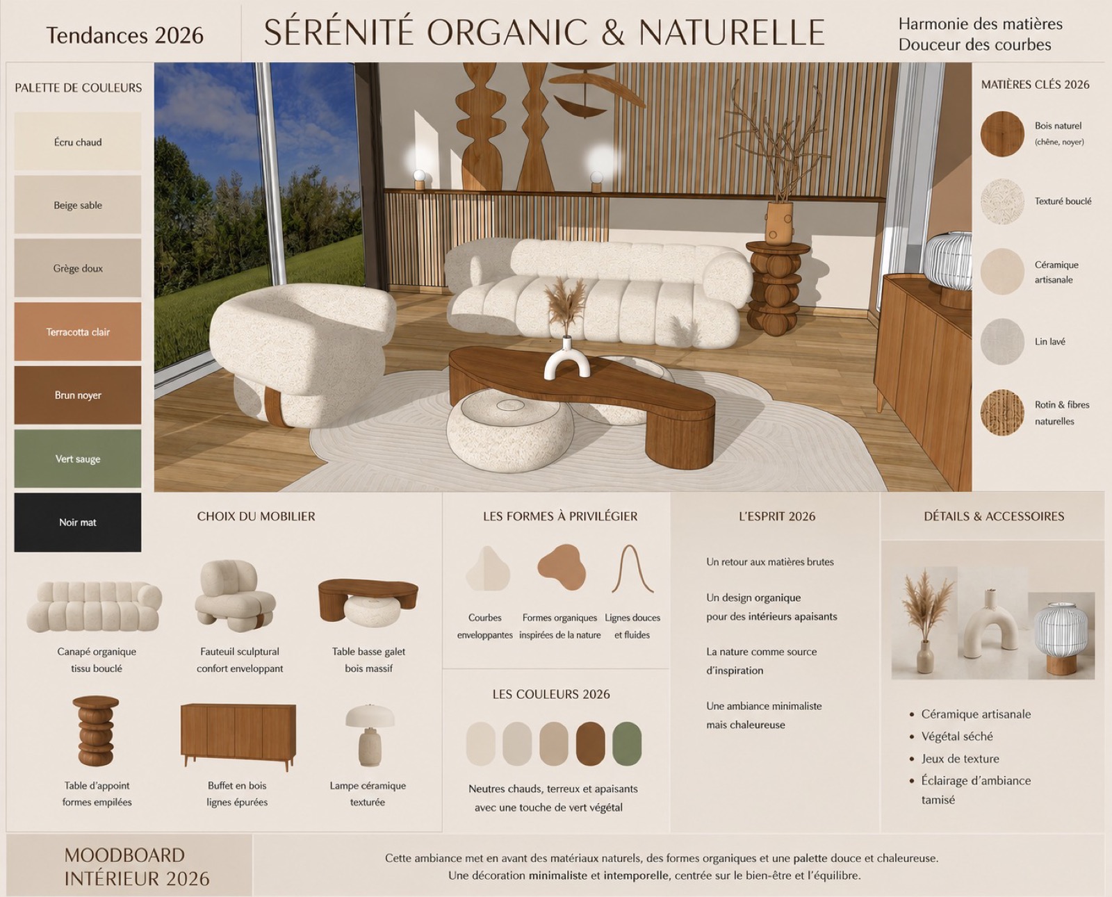 Planche de tendances Sérénité Organic & Naturelle — palette, matières, mobilier