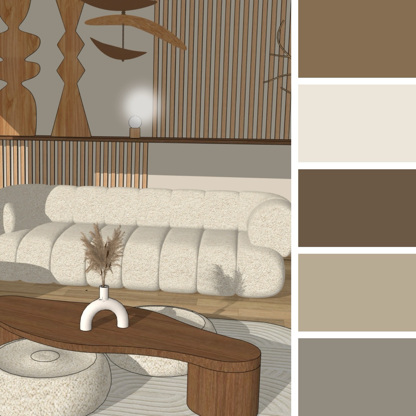 Salon avec nuancier de couleurs modélisé sur SketchUp