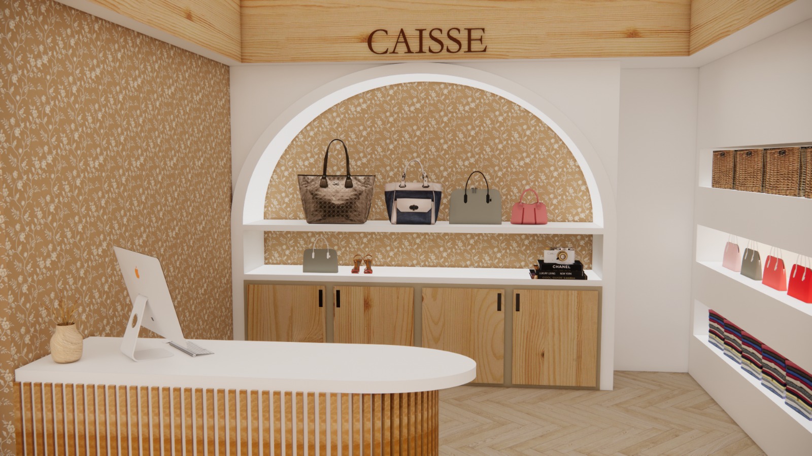 Espace caisse de la boutique : arche, papier peint, présentoirs à sacs