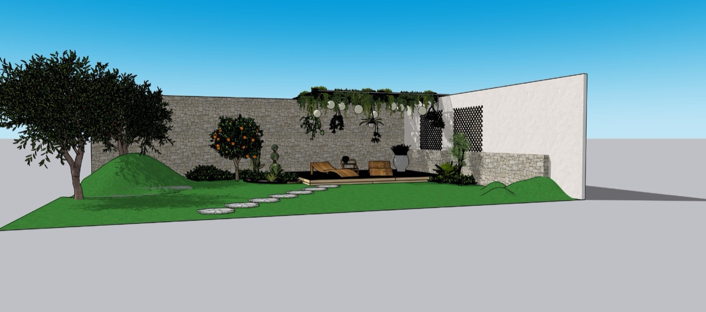 Maquette SketchUp d'un jardin avec terrasse et dénivelé