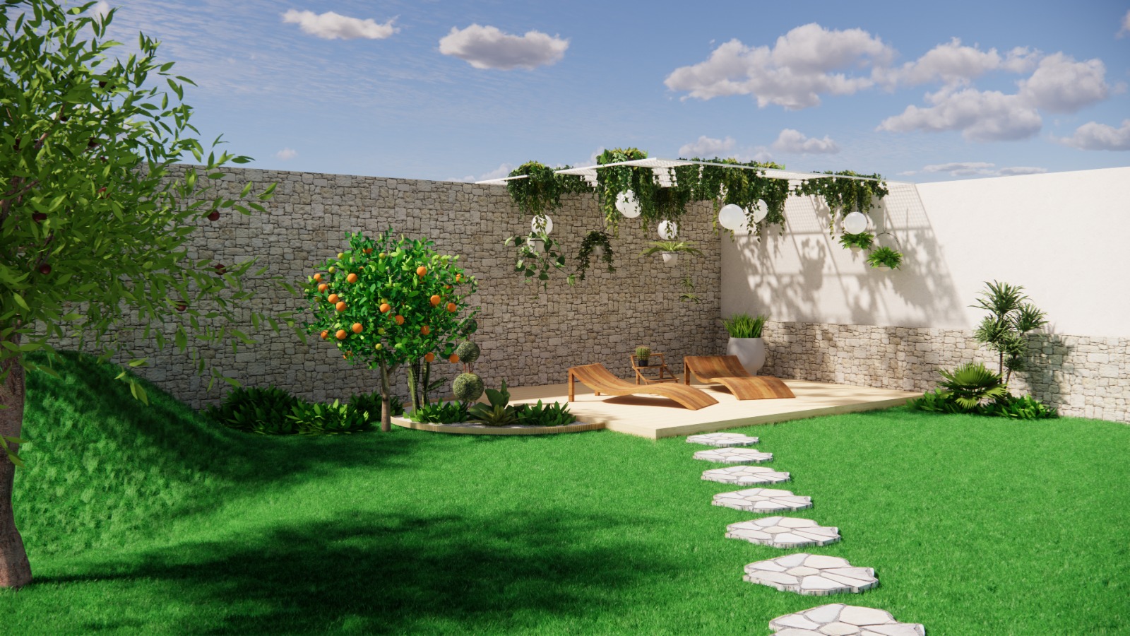 Rendu SketchUp d'un jardin avec terrasse et pergola réalisé en formation